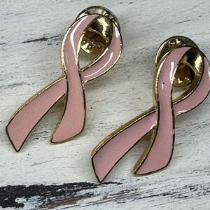 Lot Of 2 Vintage Enamel Pink Ribbon Breast Cancer Awareness Lapel Pin Goldtone